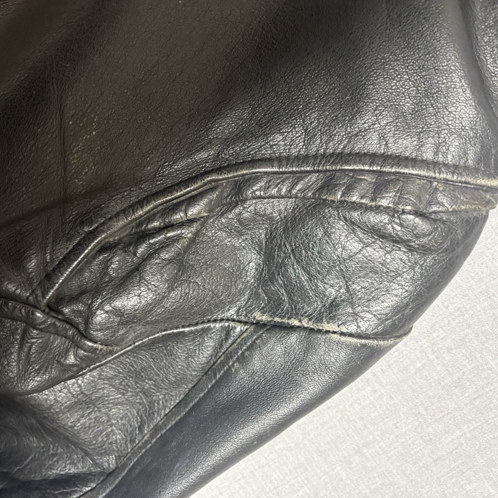 Vtg 90's Black Leather Moto Jacket  Heavy Weathered + Harley Trucker Wallet Sz L - Picture 13 of 16